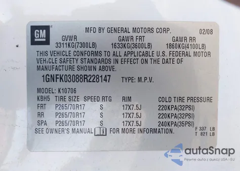 2008 Chevrolet Tahoe Special Services from USA, damaged, VIN 1GNFK03088R228147